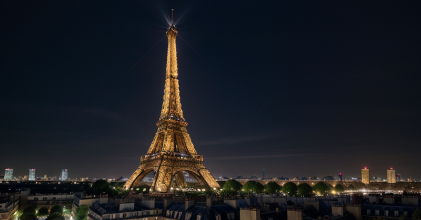 Foto panorâmica da Torre Eiffel iluminada à noite.