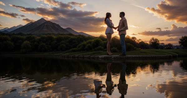 Imagem de um casal apreciando o pôr do sol em um destinos românticos, simbolizando o amor e a conexão em viagens especiais.