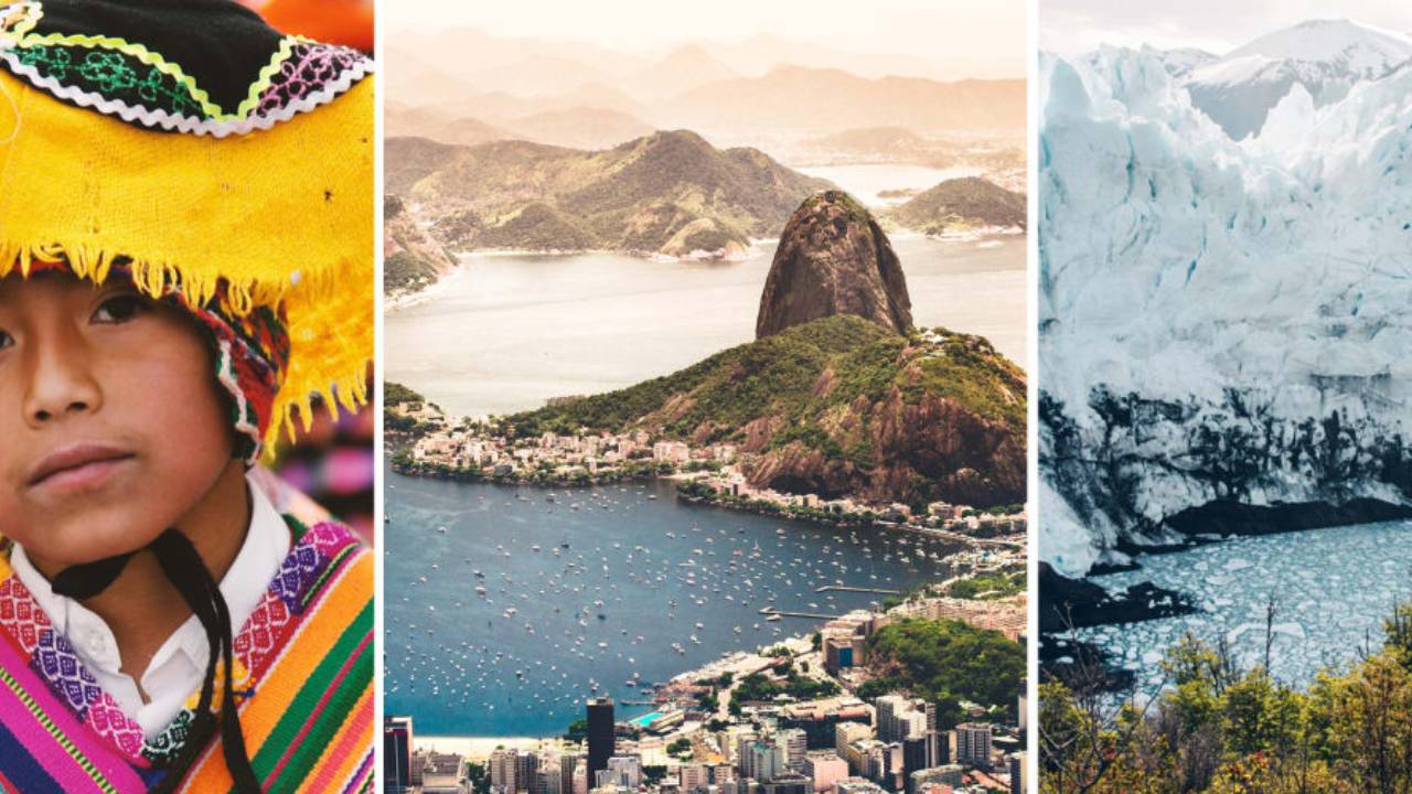 Imagem mostrando diversas paisagens da América do Sul, desde praias paradisíacas até montanhas imponentes.