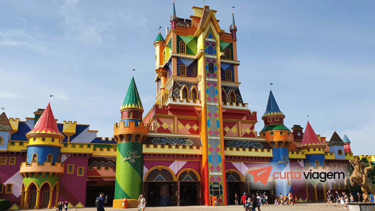 Ilustração colorida do parque temático Beto Carrero World, com pessoas se divertindo nas atrações, transmitindo a emoção e alegria do local.