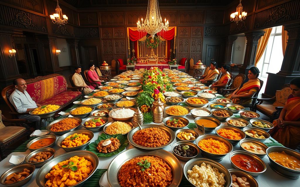 Comida típica de Kerala servida durante a recepção de casamento